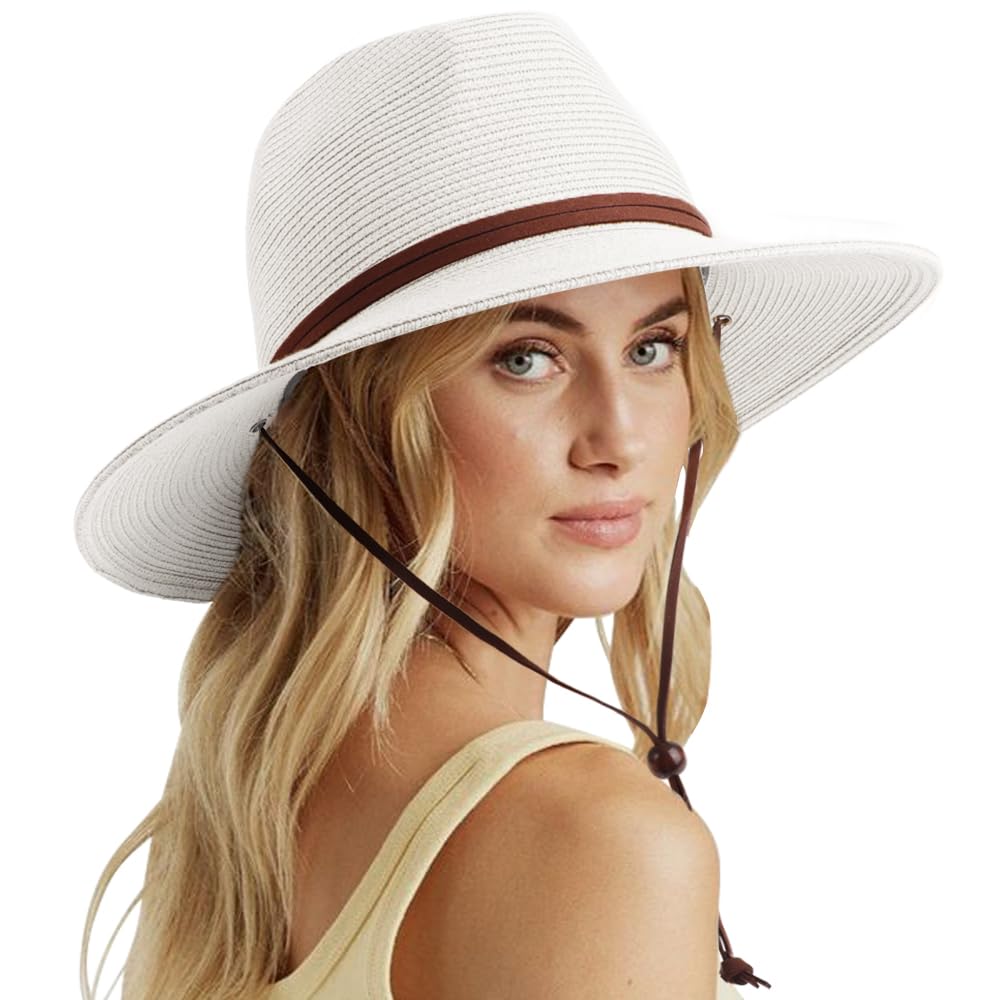 Dreshow Women's Panama Hat With Wind Lanyard: White Straw Panama Hat Fedora Adjustable Summer Wide Brim Beach Sun Hat With Wind Lanyard Upf 50+