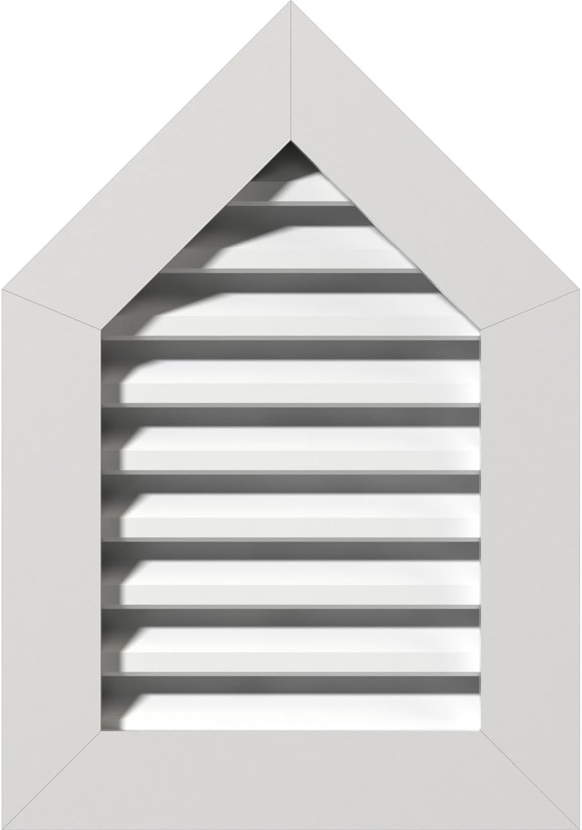 Ekena Millwork GVPPE20X2401FUN-06 Peaked Top Gable Vent (25"W x 28 3/4"H Frame Size) 6/12 Pitch: Functional, PVC Gable Vent w/ 1" x 4" Flat Trim Frame, 20"W x 24"H