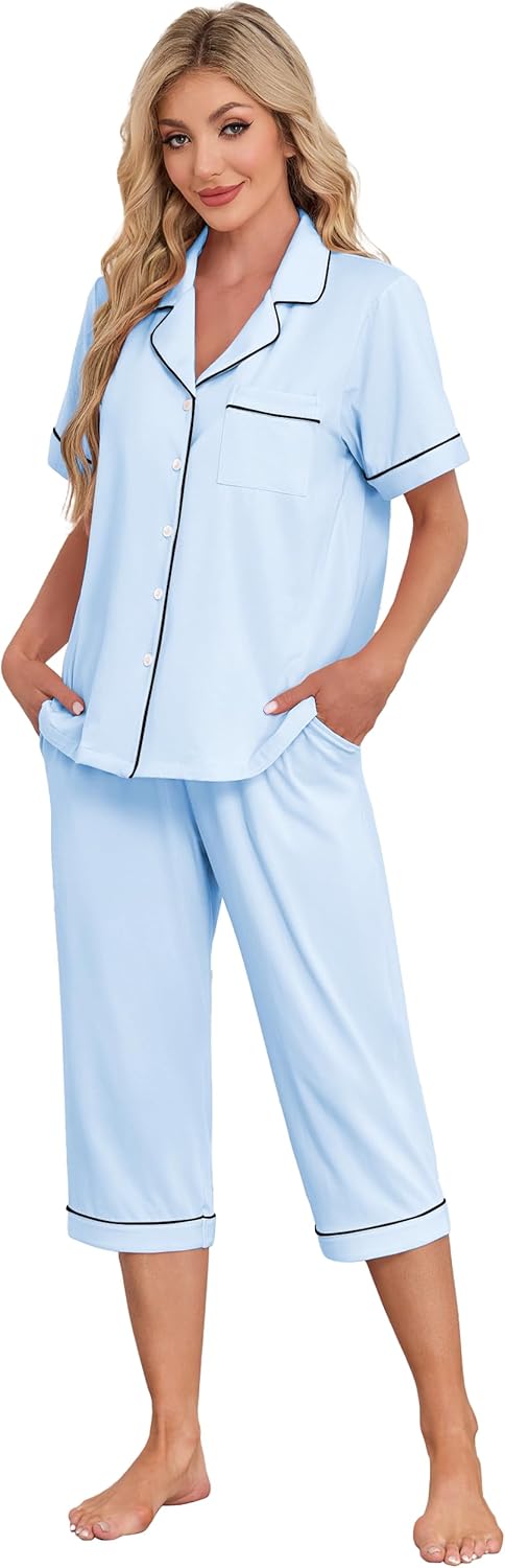 ANLIQI Women's Cotton Pajama Sets Short Sleeve Modal Capri Pjs Button Down Sleepwear for Women Soft & Comfy Lounge Set S-2XL - Image 3