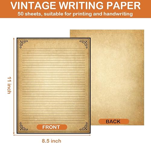 Miniatura 3 de Papel rayado vintage con diseño de borde antiguo, 50 hojas, papel estacionario para escribir cartas, 100 gsm, 11 x 8.5 pulgadas, papelería