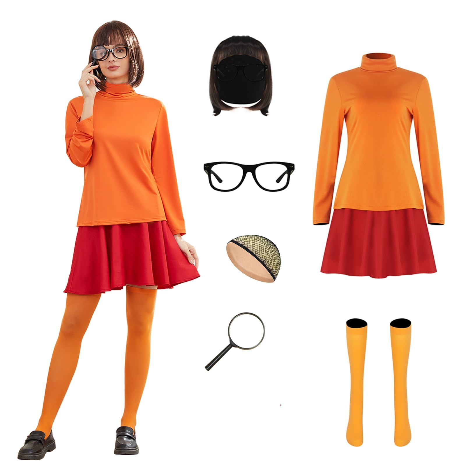 AYYOHON Velma Costume Women Daphne Dress Brown Bob Wig Glasses Pullover Skirt Set Purple Mini Dress Halloween Cosplay Suit 2XL