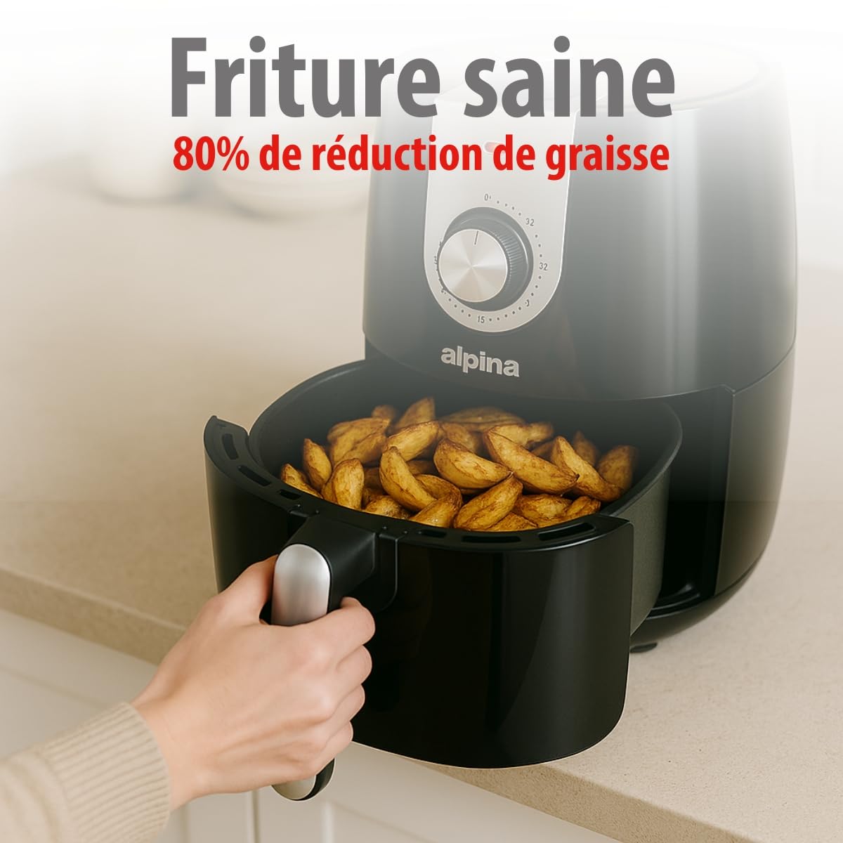 alpina Air fryer 2L - Airfryer Adaptée pour 2 à 3 Personnes - Friteuse sans Huile Electrique avec Minuterie et Température Réglable - Plastique - Noir