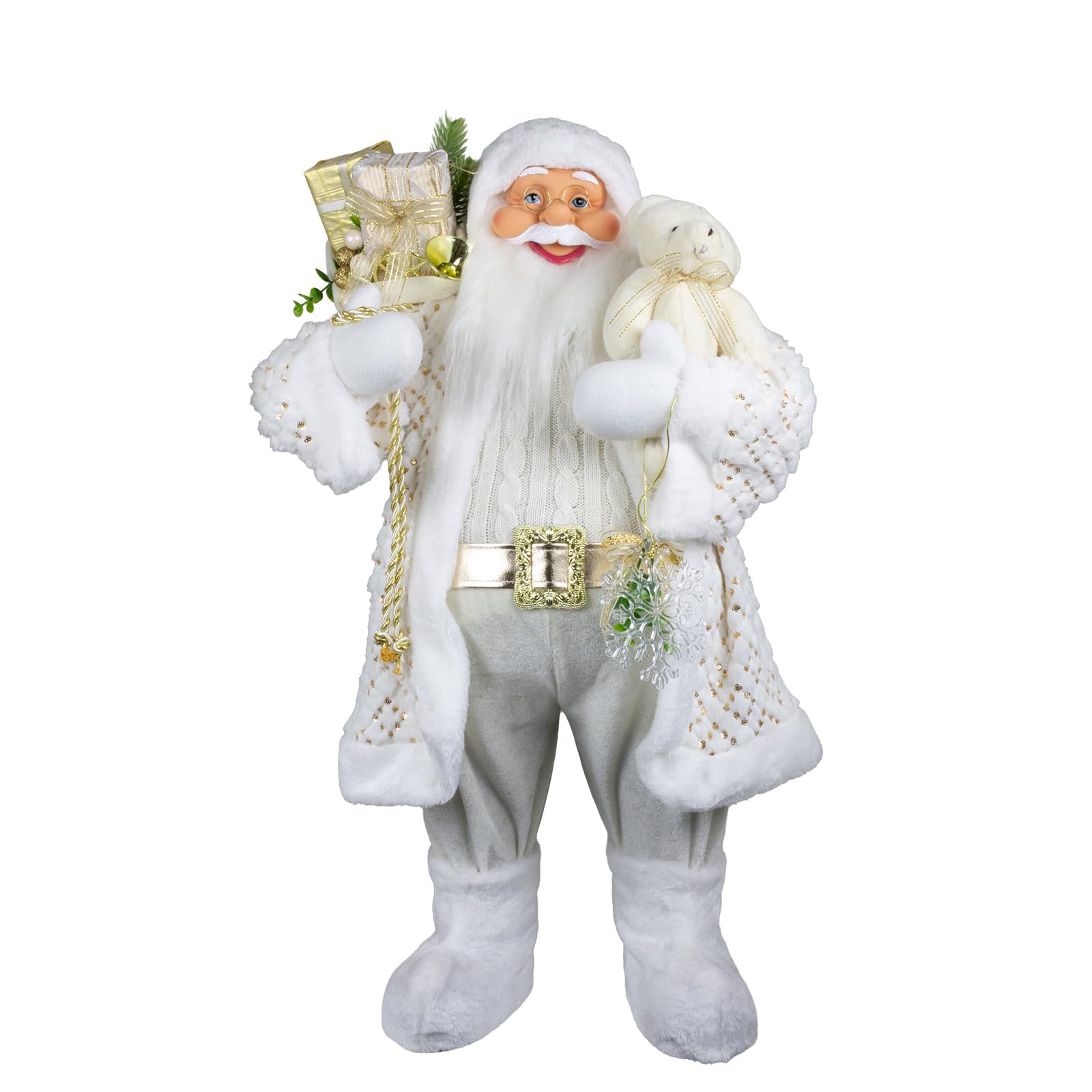 Statua in piedi di Babbo Natale | Santa Claus | Nikolaus | Figure natalizie da esposizione (Bianco-Oro con orsacchiotto, 80 cm)