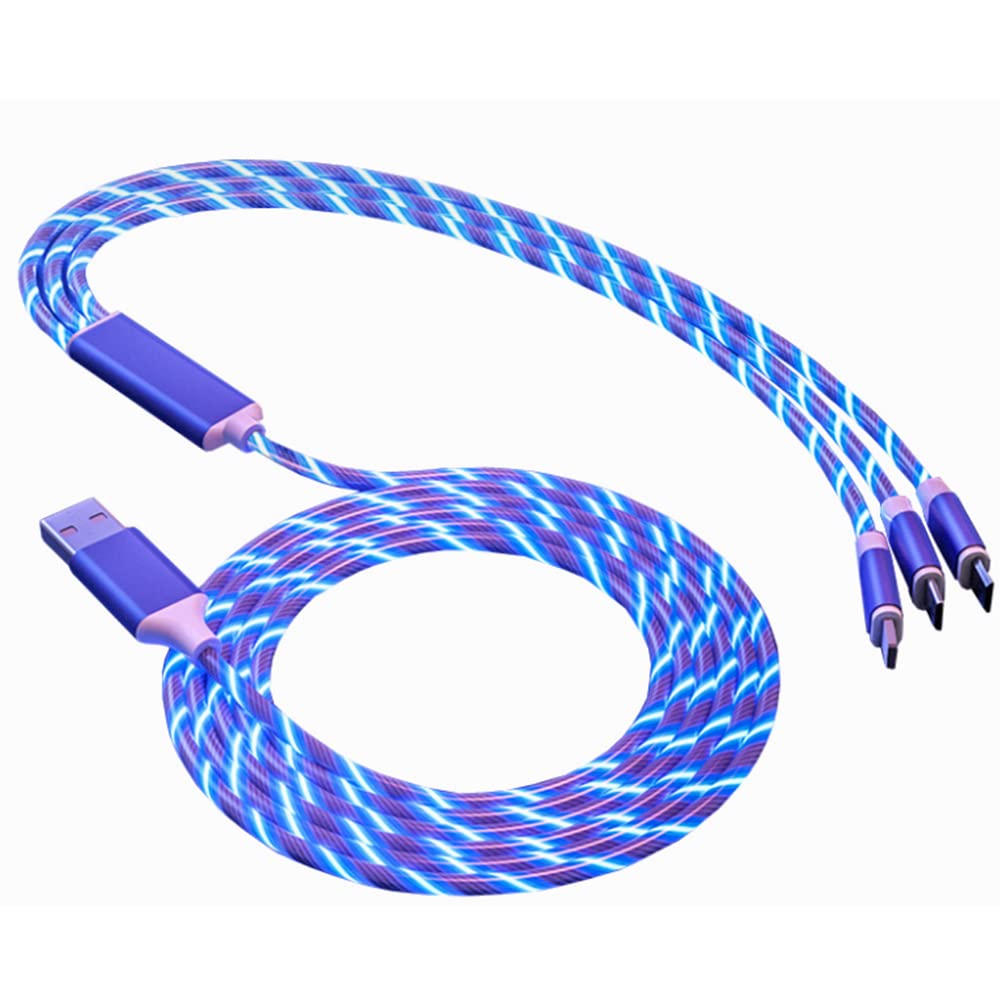 Gifts 4 GuysMulti Charger 3 in 1 Multiple Charging led Coloured illuminated Flashing Cable Nylon Braided Micro USB Type C Port Lead Cord Compatible Universal Connector (Blue)