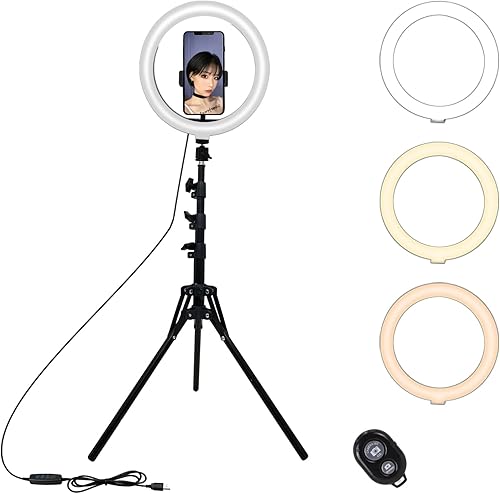 Anillo de luz selfie de 10 pulgadas con soporte de trípode extensible de 47 pulgadas luces LED circulares con soporte para teléfono para transmisión