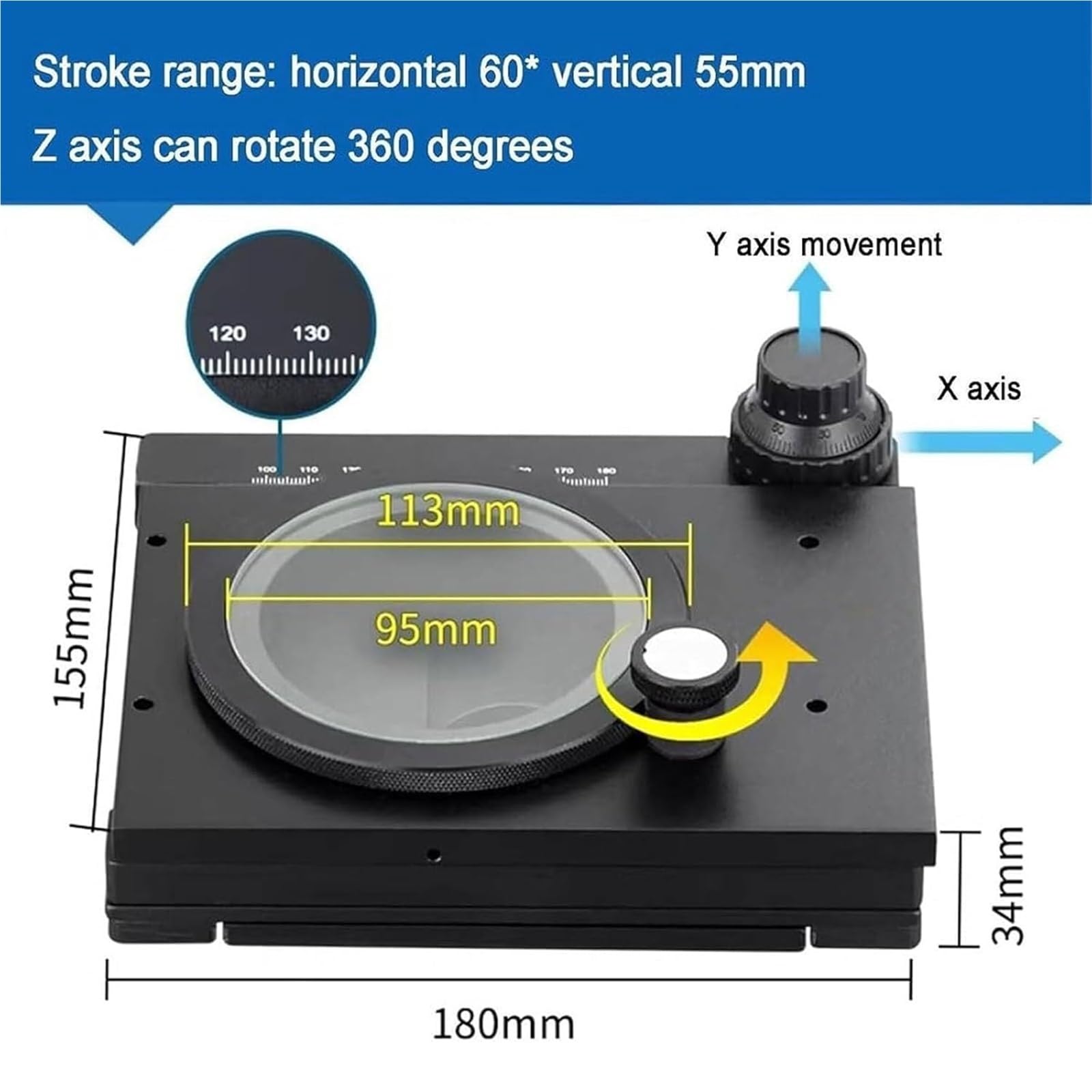 Platina mecánica para microscopio, mesa deslizante XY para inspección lab | Alta precisión, eje Z giratorio de 360°, recorrido de 60x55mm, para microfotografía, microscopios estereoscópicos mesa óptica