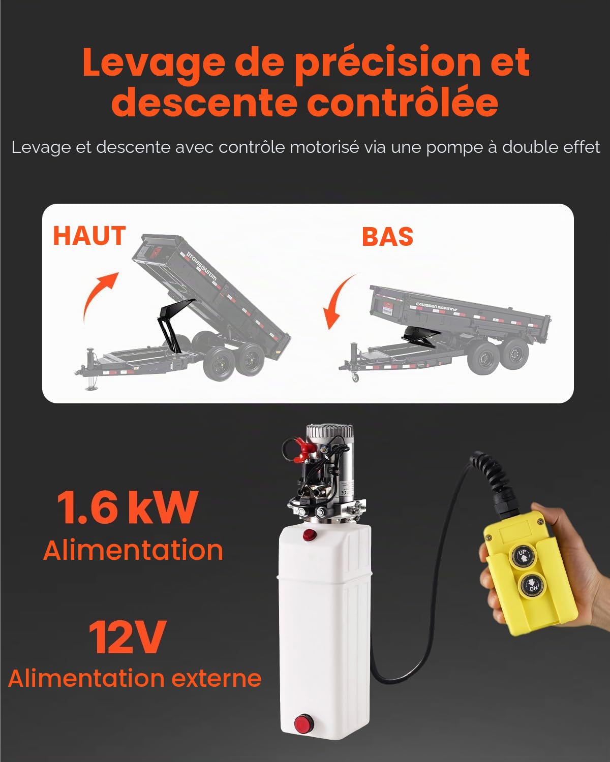 VEVOR Système de Levage Hydraulique de Camion-benne Capacité 8 T, Kit de Mini Centrale Hydraulique pour Remorque Basculante avec Pompe Hydraulique 12 V, pour Camion à Benne Basculante, Transport