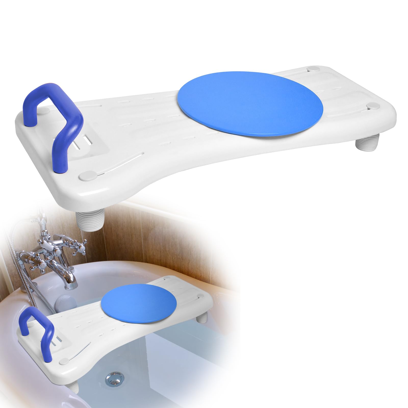 HENGMEI Sedile per vasca da bagno per anziani, regolabile, asse per vasca da bagno, ausilio per l'ingresso nella vasca, sedile in plastica per adulti con portasapone e maniglia, sedile girevole a 360°
