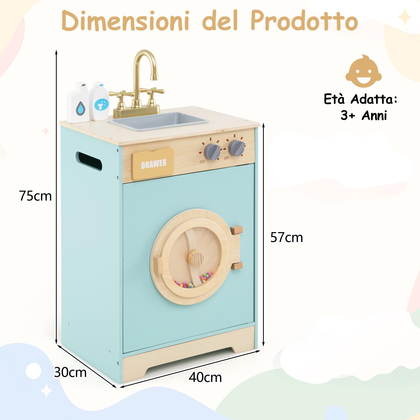 COSTWAY Set di Gioco Lavatrice per Bambini, Giocattolo Lavatrice con Detersivo e Igienizzante per le Mani, Set in Legno con Lavabo, Cassetto e Ruota Rotante, Regalo per Bambini dai 3+ Anni