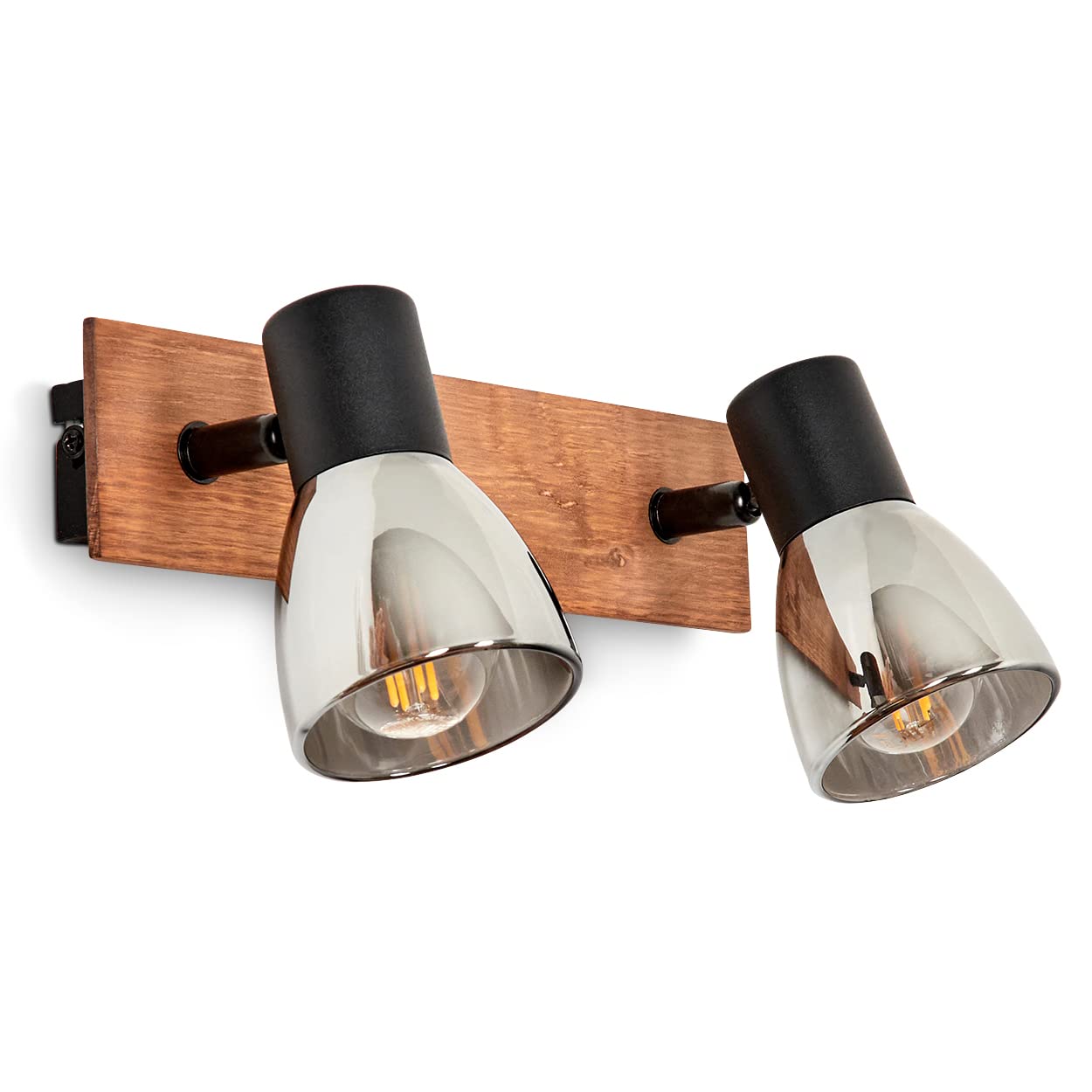 Hofstein Black Wall Light Murianette, Modern Wall Lamp Made Of Metal/Wood/Glass In /Nature/Smoke Colours, Retro/Vintage Light With Lampshades Of Smoked Glass (Ø 7 Cm), 2-Flame, 2 X E14, Without Bulbs