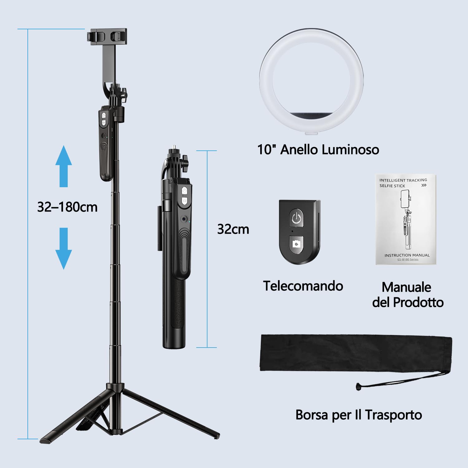 yAyusi Treppiede Rotazione a 360° per Rilevamento Automatico del Volto con Luce ad Anello,180CM Selfie Stick Treppiede con Telecomando,Treppiedes Telefono con Sensore per Streaming Live/Vlog
