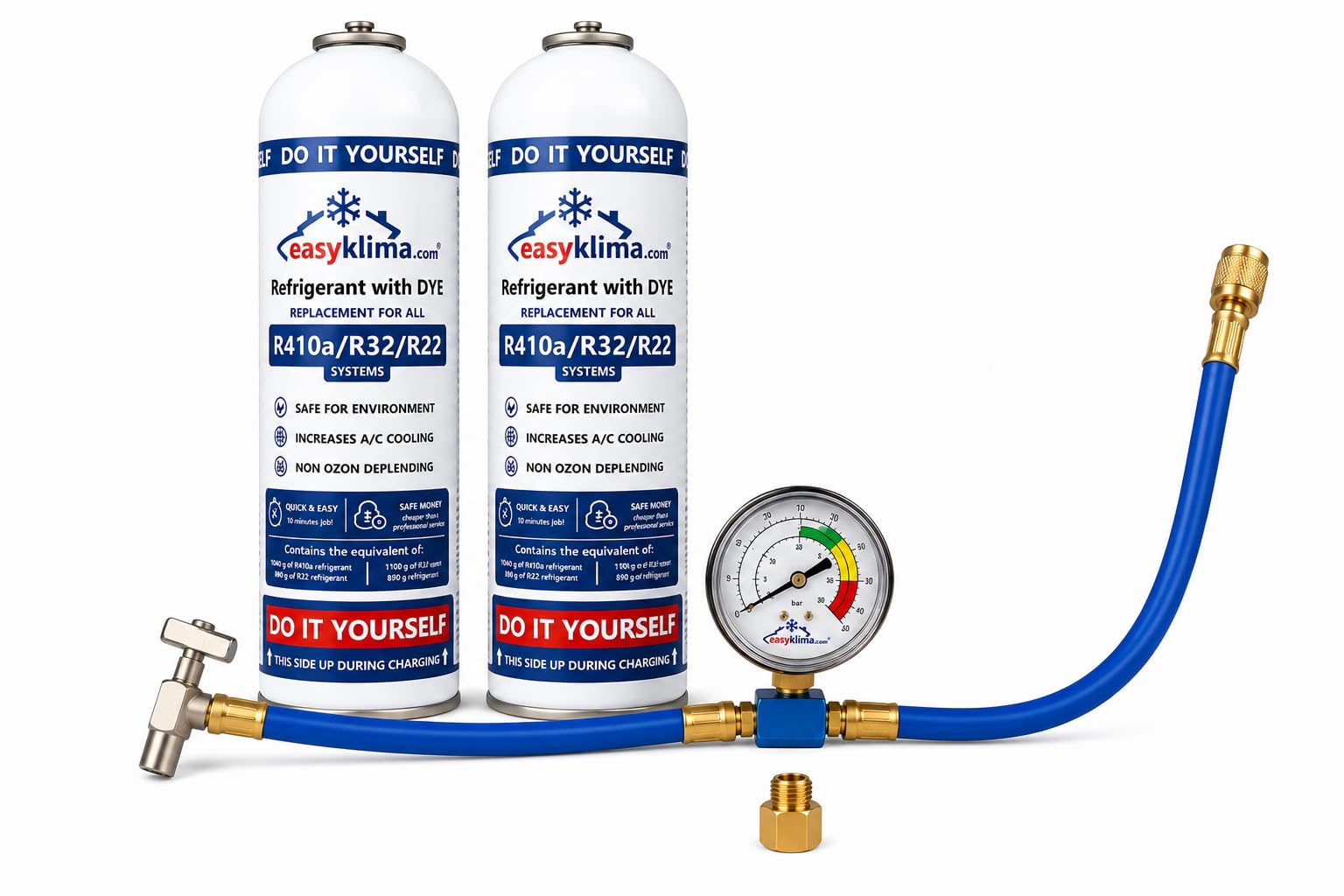 EasyKlima R410A R32 R22 2 x 400g/725ml Nachfüllset 2x Kältemittel mit Manometer & Adapter – Serviceschlauch für Split Klimaanlage & Wärmepumpe