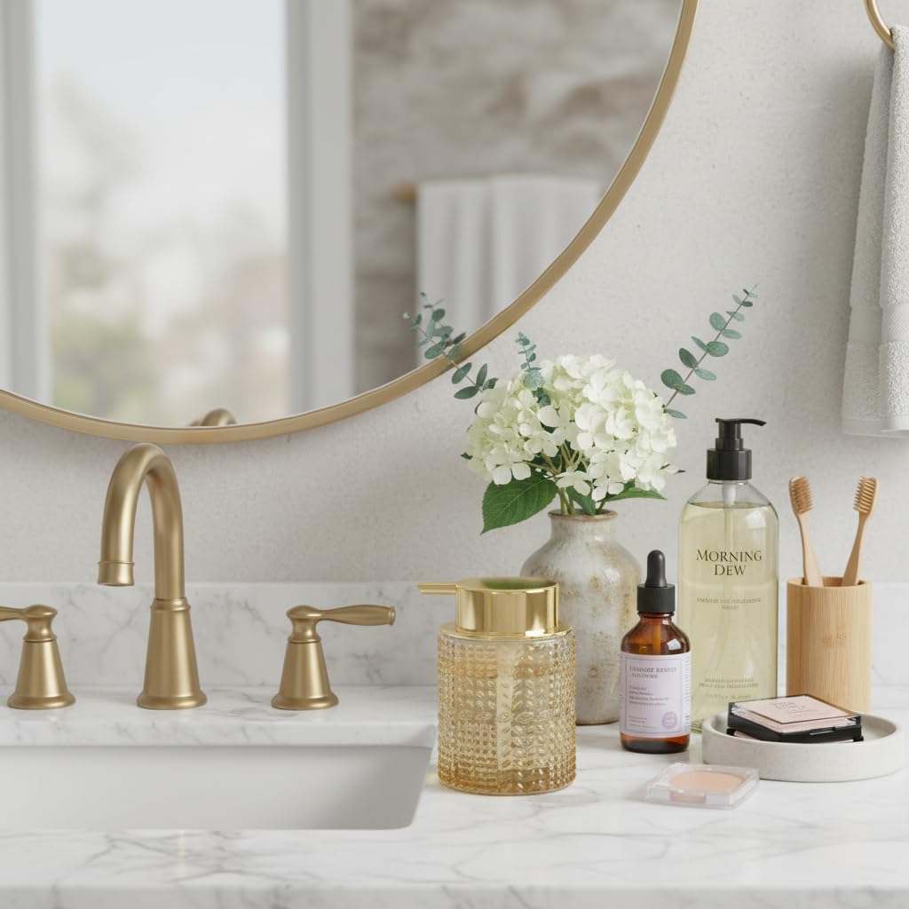 Schaumseifenspender aus bernsteinfarbenem Glas, 2 Stück, nachfüllbarer Schaumseifenspender mit goldfarbener Pumpe, Glas-Lotion-Behälterflasche für Küche und Badezimmer, breite Öffnung und