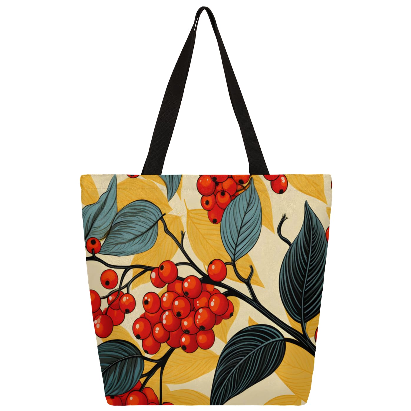 Mularoka Berry Leaves Watercolour Large Capacity Canvas Tote Bag Stylish Handheld Shoulder Bag Reusable Shopping Bag for Work Travel Beach Trips Shopping