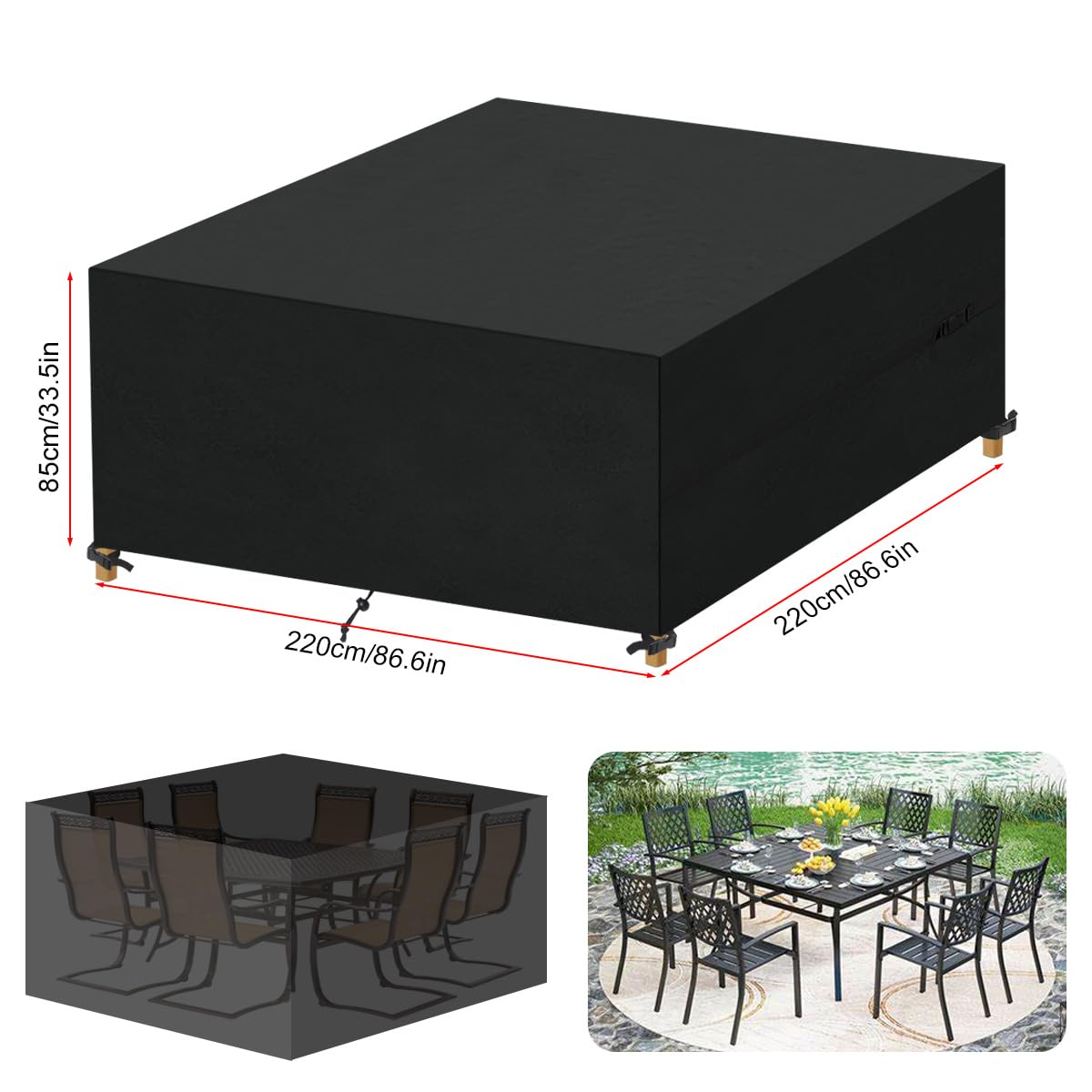 Funda Muebles Jardin Impermeable 220x220x85cm Cubierta de Mesa Cuadrada 420D Oxford Funda Protectora Muebles Jardin, Antivento, Anti-UV, Funda para Mesa Exterior Furniture Cover