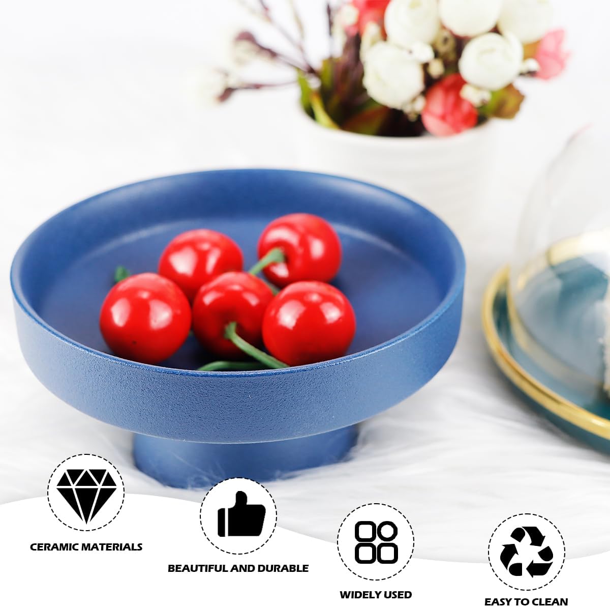 DOERDO Ceramic Footed Bowl Fruit Holder Decorative Dessert Display Tray for Kitchen Decor, Blue, 5.1x5.1x2.7Inch