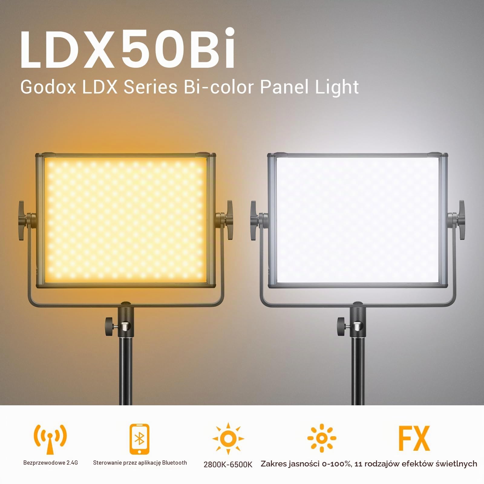 GODOX LDX50Bi 65 W Bi-Color lampa fotograficzna LED, panel świetlny wideo 2800 K – 6500 K, 11 specjalnych efektów świetlnych, CRI≥96 z panelem Soft-Light obsługuje bezprzewodowe sterowanie 2,4 G do