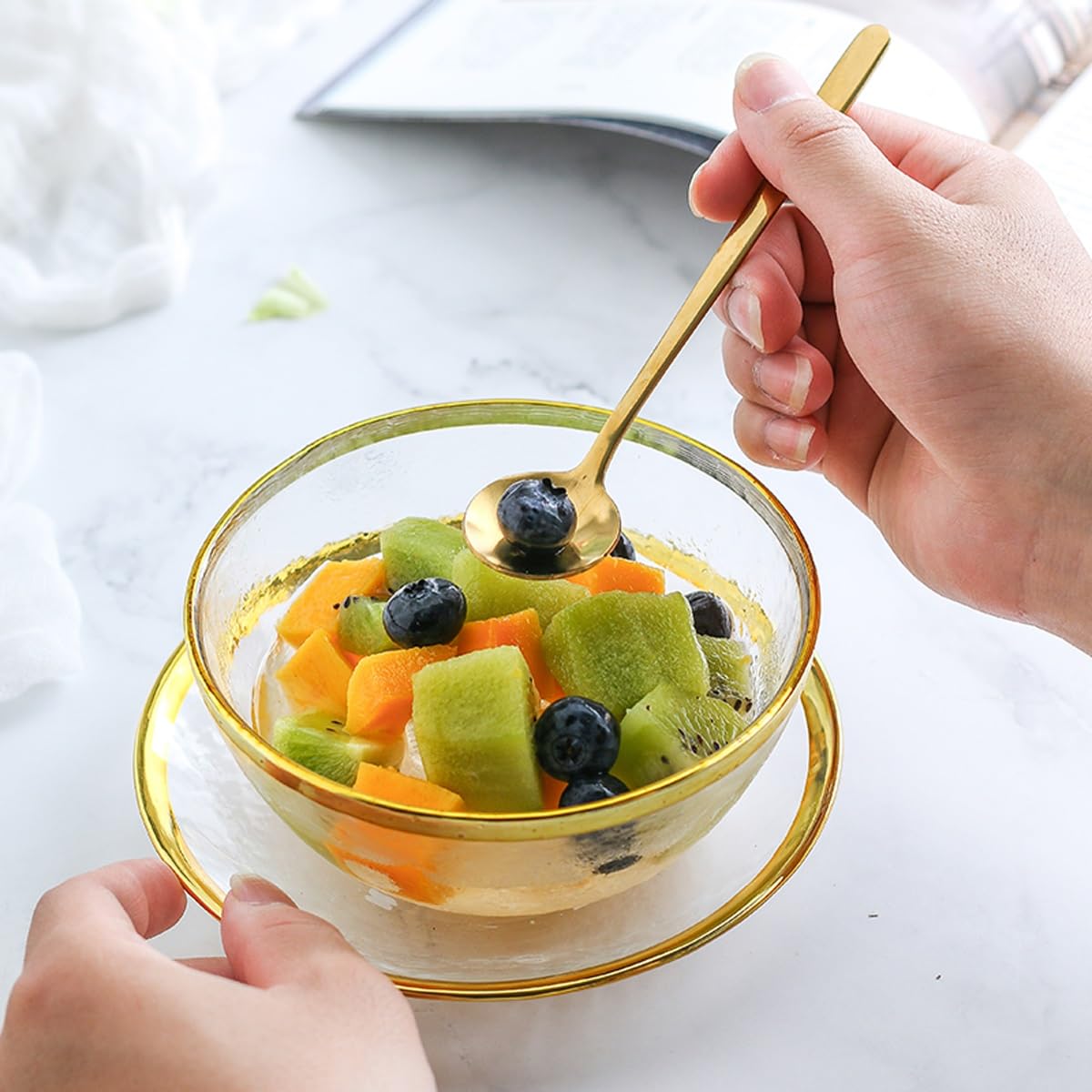 Zestaw Okrągłych Szklanych Misek, Śliczna Miska Deserowa 350 Ml, Miska Na Sałatkę Owocową Z Łyżeczką, Miska Na Lody I Płatki Śniadaniowe, Przezroczysta Taca Śniadaniowa