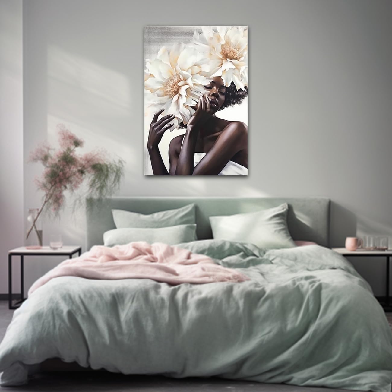 Afroamerikanische Leinwand Wandbild 40x60 Cm – Weiße Blume Auf Schwarzem Frauenkopf, Abstrakte Kunst, Wanddekor