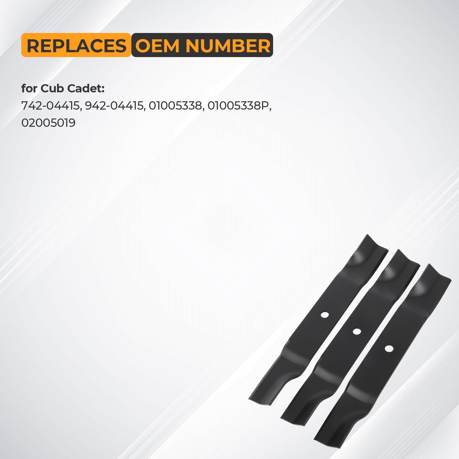 Kit de cuchillas para cortacésped Cub Cadet Cad: DS60, M60-CT, M60-KH, M60-KH ROPS, M60-KHEFI, M60-KW, M60-KW LC, M60-KW ROPS Número de pieza de repuesto 742-04415, color negro
