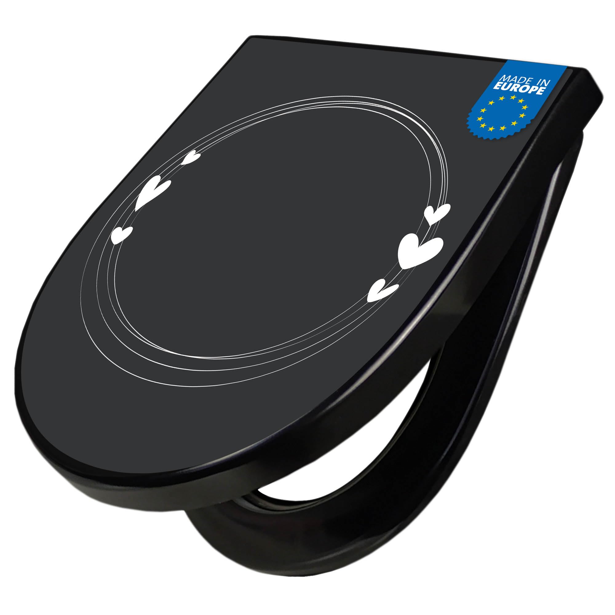 banjado WC Sitz mit Absenkautomatik D Form - Toilettendeckel mit Absenkautomatik D Form - Klodeckel Softclose - stabile Klobrille - Toilettensitz Schwarz - Motiv Herzrahmen