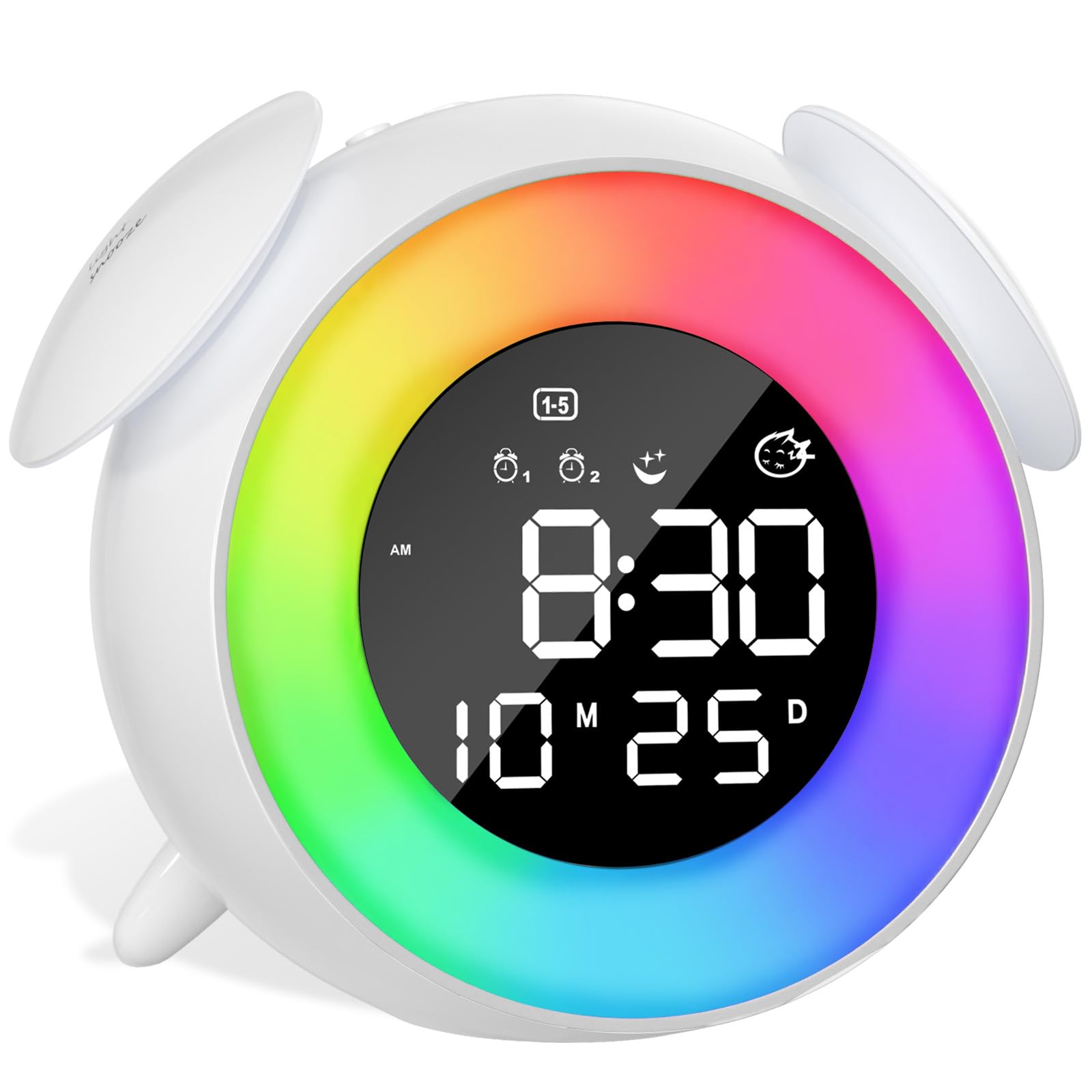 VLICHT Sveglia Digitale per Bambini, Sveglia Bambini da Comodino con Doppio Allarme, 10 Colorate Luci, Snooze, Modalità Giorno della Settimana, 7 Suonerie, 12/24H per Ragazze Ragazzi