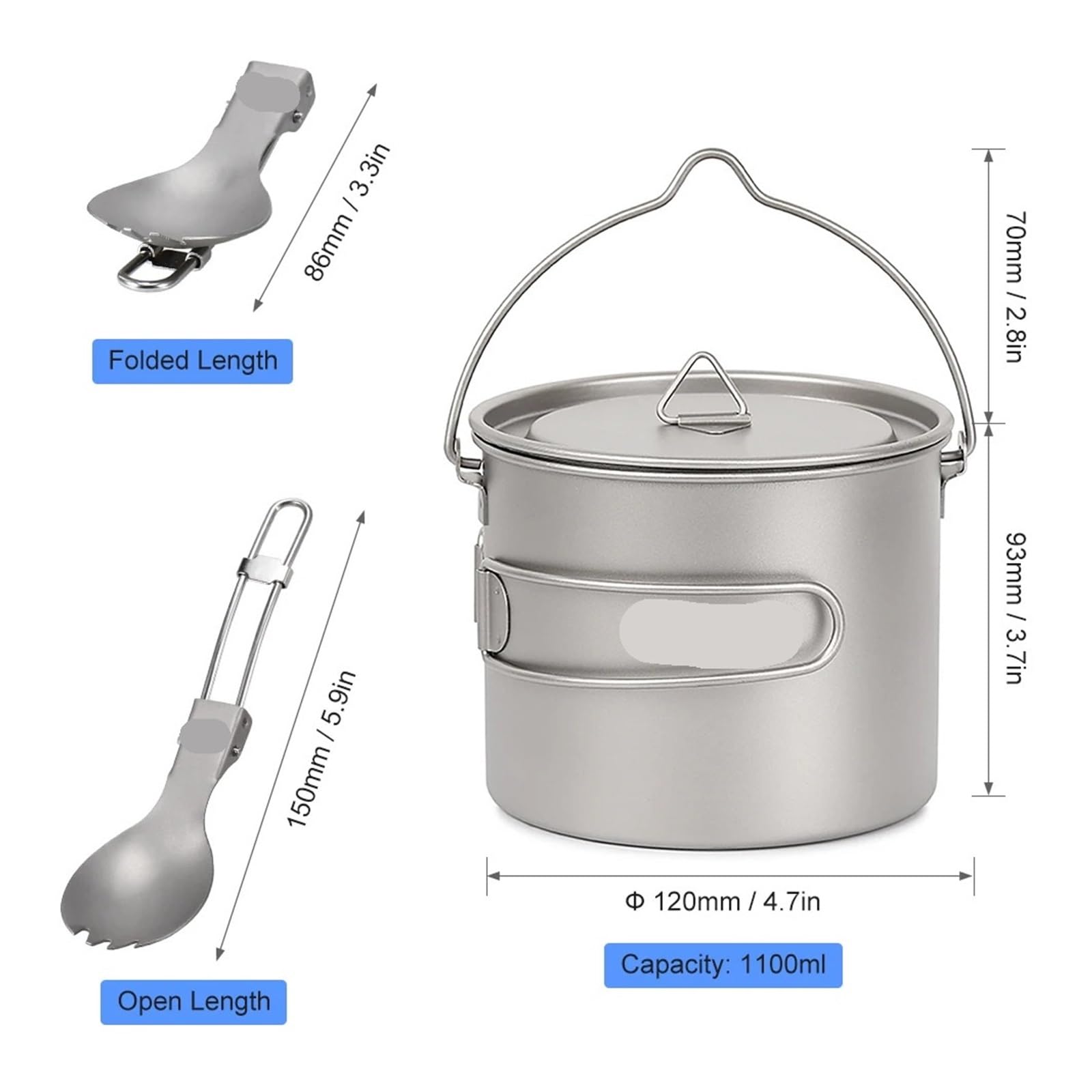 Tazza da campeggio ultraleggera in titanio, tazza portatile con manico pieghevole per attività all'aperto, perfetta per escursioni e picnic, 750 ml, 900 ml, 1100 ml