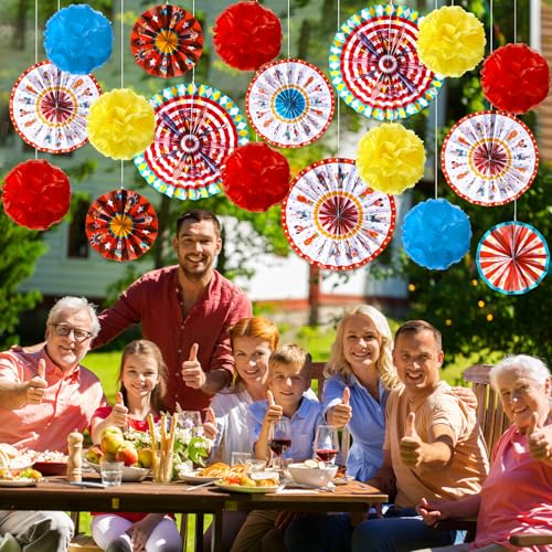 Image of Outus 21 Pcs Carnival Party Decorations with Circus Hanging Paper Fans Red Yellow Blue Paper Pom Poms Tissue Flowers for Ceiling Wall Carnival Circus Theme Birthday Baby Shower Party Favors Supplies