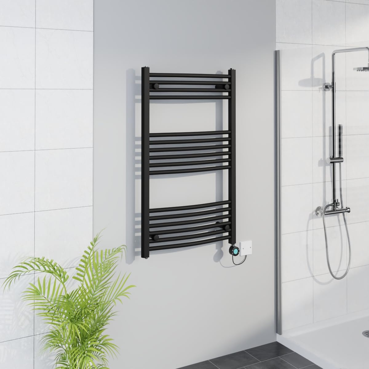 Warmehaus Black Smart Wifi Thermostatic Electric Bathroom Curved Heated Towel Rail Warmer Radiator With Timer 1000X600mm