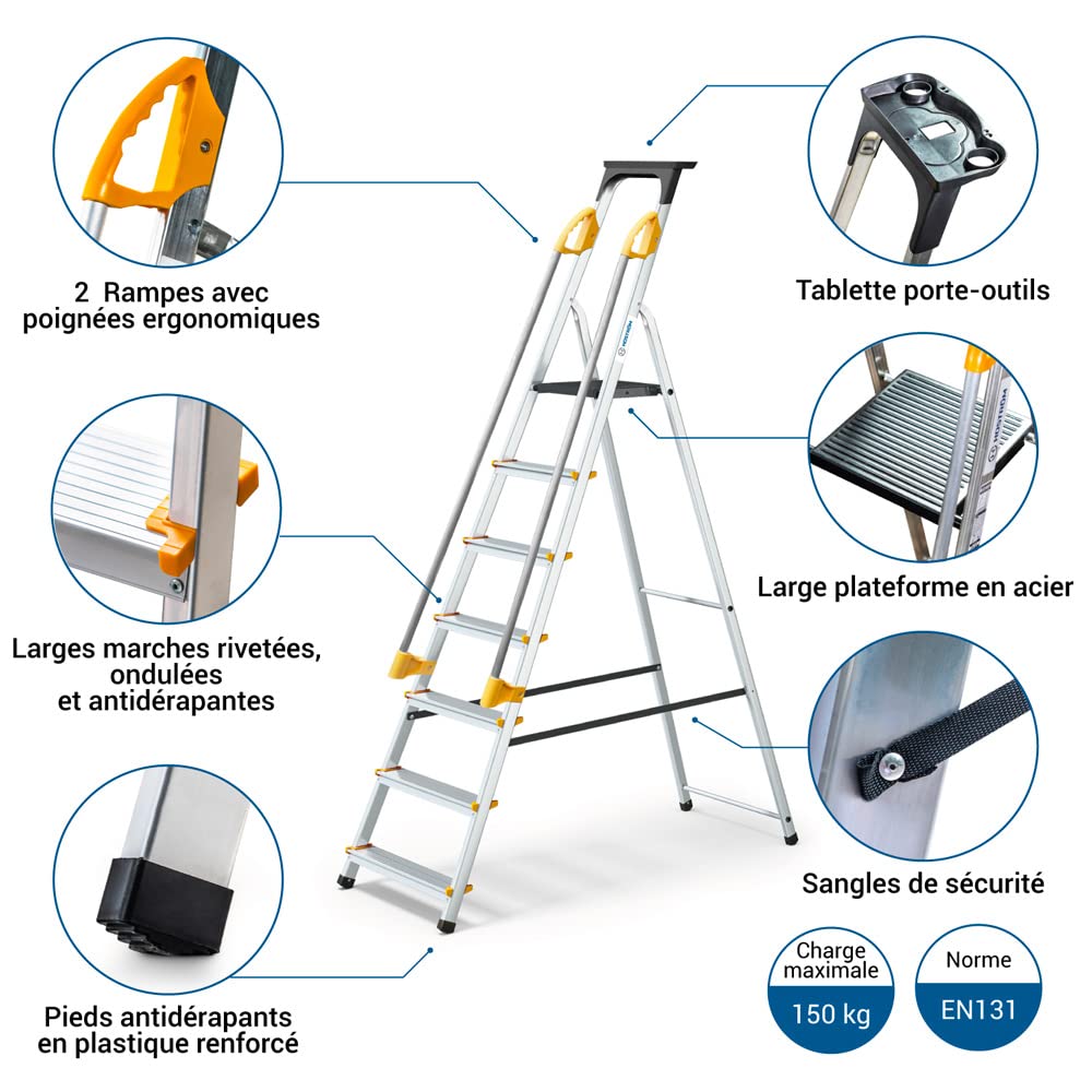 HOSTRÖM Escabeau 7 marches DURAMP sécurisé avec rampes, Tablette Porte-Outils, marchepied Pliable Aluminium, Hauteur Plateforme 140cm, Garantie 5 Ans