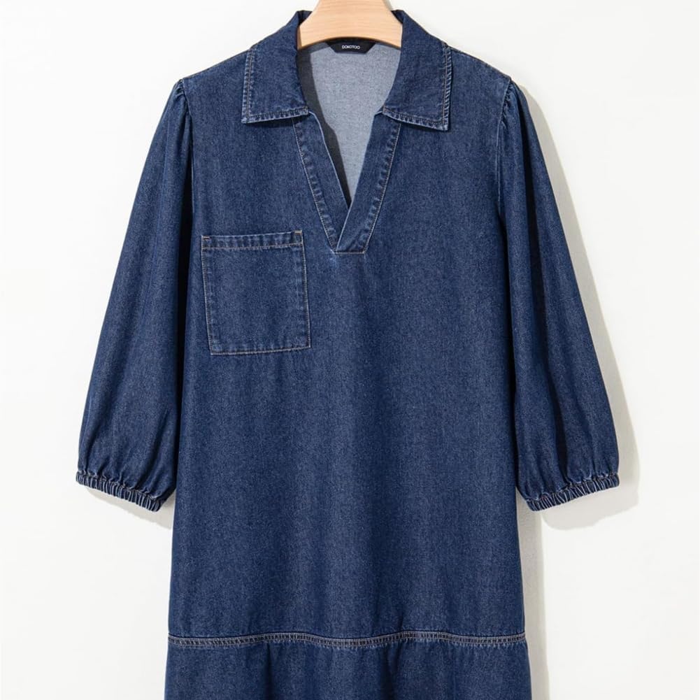 Generisch Vestido vaquero para mujer, con cuello en V, manga abombada, con bolsillos, vestido vaquero de verano con cuello en V, camisa holgada