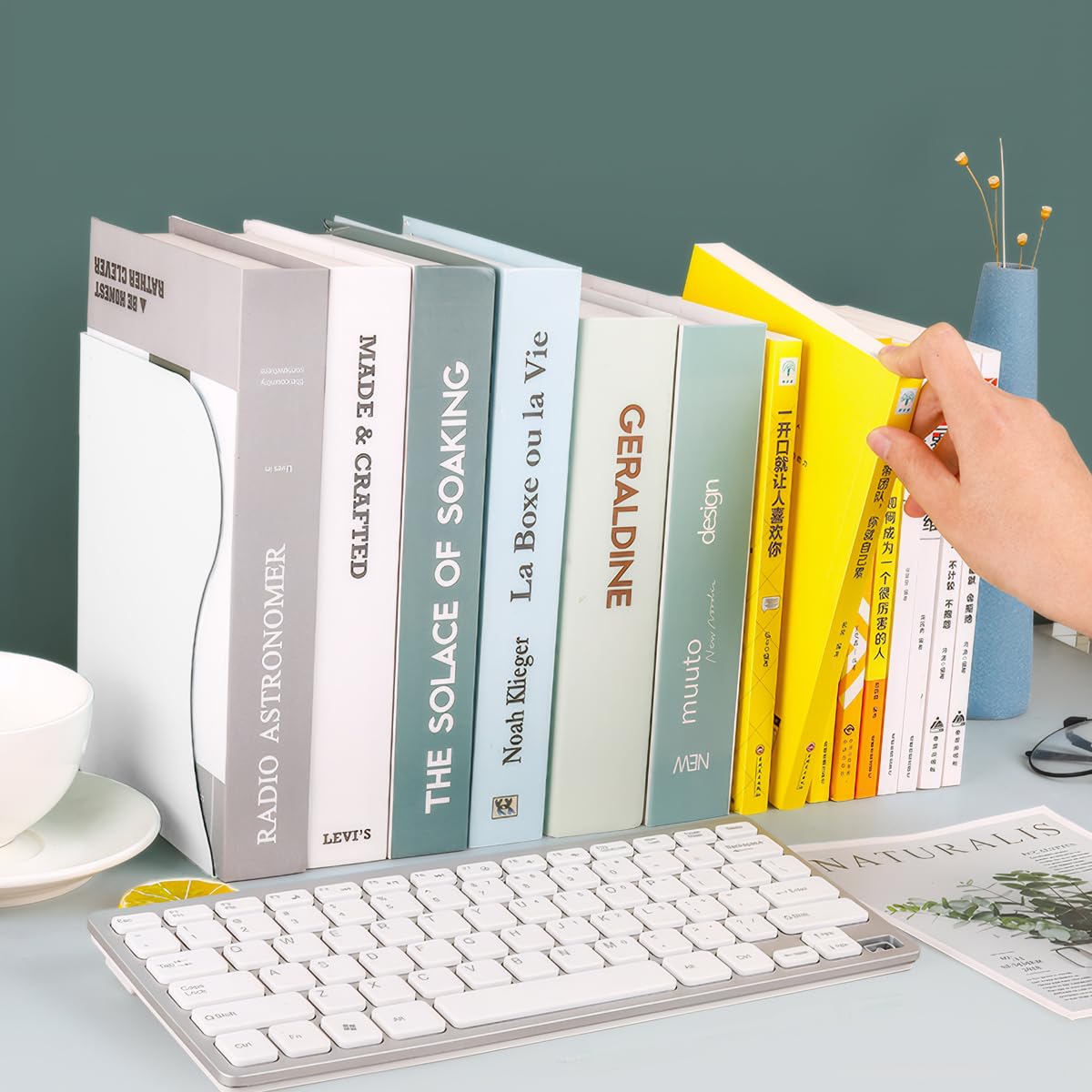 feyiubmen stylowe metalowe regulowane podpórki na książki od 10 do 50 cm, 2 modele, czarne i białe, do biblioteki, biblioteki i szkoły (kolor biały)