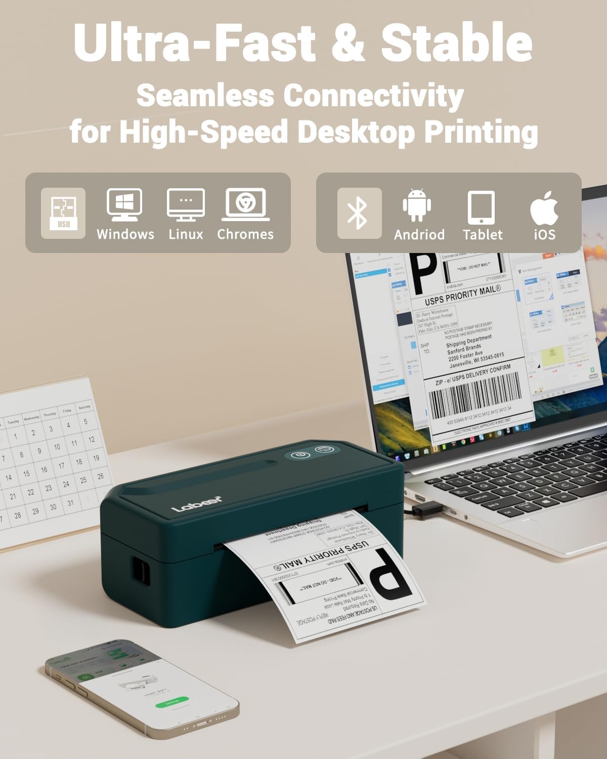 Labeer Stampante termica per etichette Bluetooth, stampante per etichette di spedizione 4x6 per spedizioni, ufficio o casa per piccole imprese, compatibile con telefono, pad e PC, supporta ups/Shopify