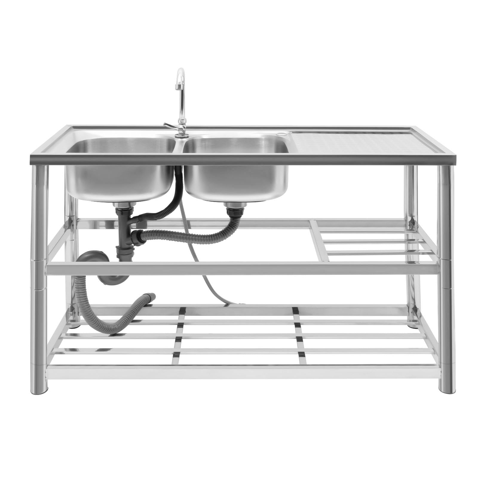 Fregadero de 2 lavabos con armario inferior, doble lavabo, fregadero de acero inoxidable, fregadero de acero inoxidable, 120 x 45 x 80 cm