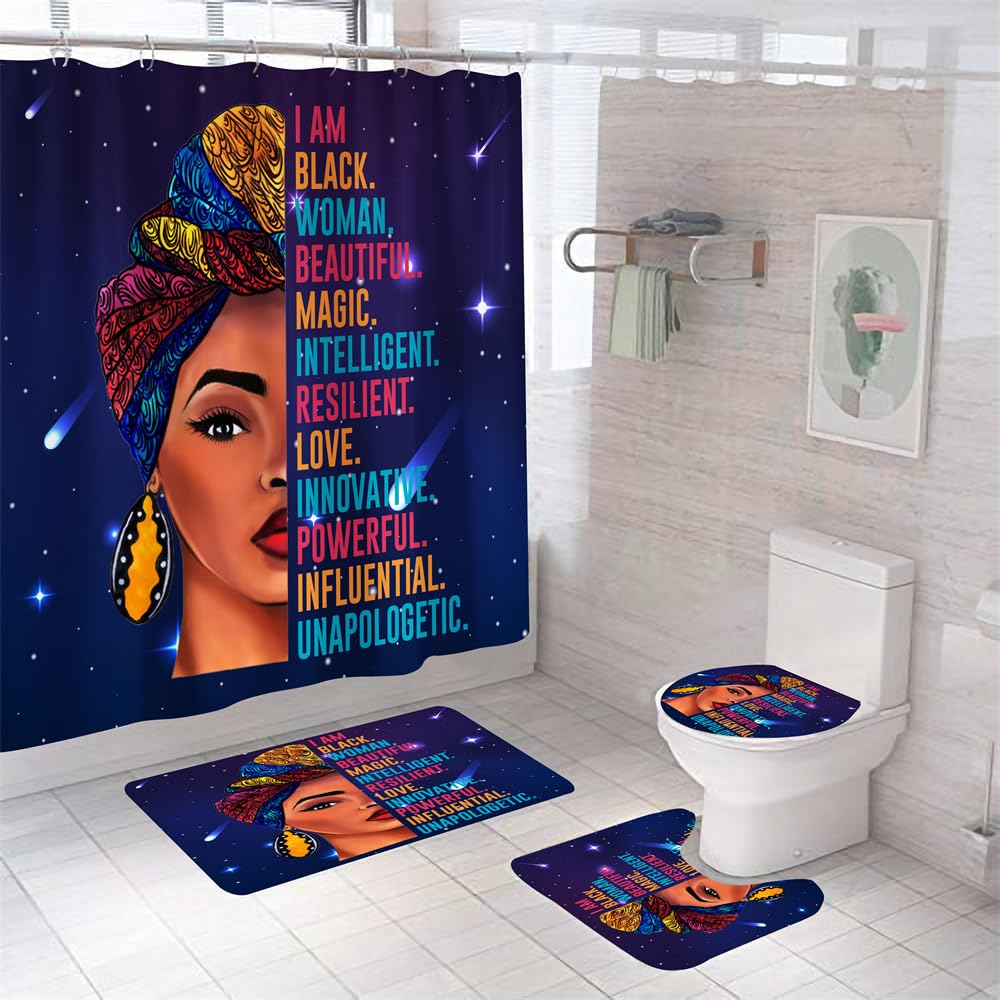 Alfombra Baño Mujer Azul Profundo Juego De 4 Alfombras De Baño Lavable,Alfombra Baño Secado Rapido - Alfombra De Baño*1+Tapa del Inodoro*1+ Alfombra*1 Tipo U+Cortinas De Baño180X180 45X75Cm