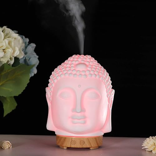 Miniatura 4 de Difusor de aroma de aceite esencial de Buda sonriente, difusor de aromaterapia de cerámica de 3.4 fl oz, mini humidificador ultrasónico de niebla
