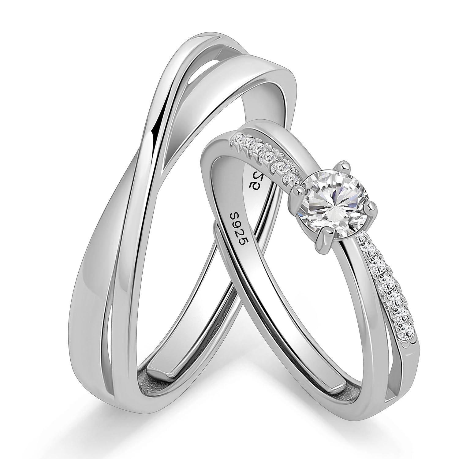 Messia Alianzas de Plata Pareja Anillos de Compromiso de Ley 925 Diseño Cruzado con Circonita Redonda Anillo Ajustables para Ella y Él Boda Aniversario Regalo