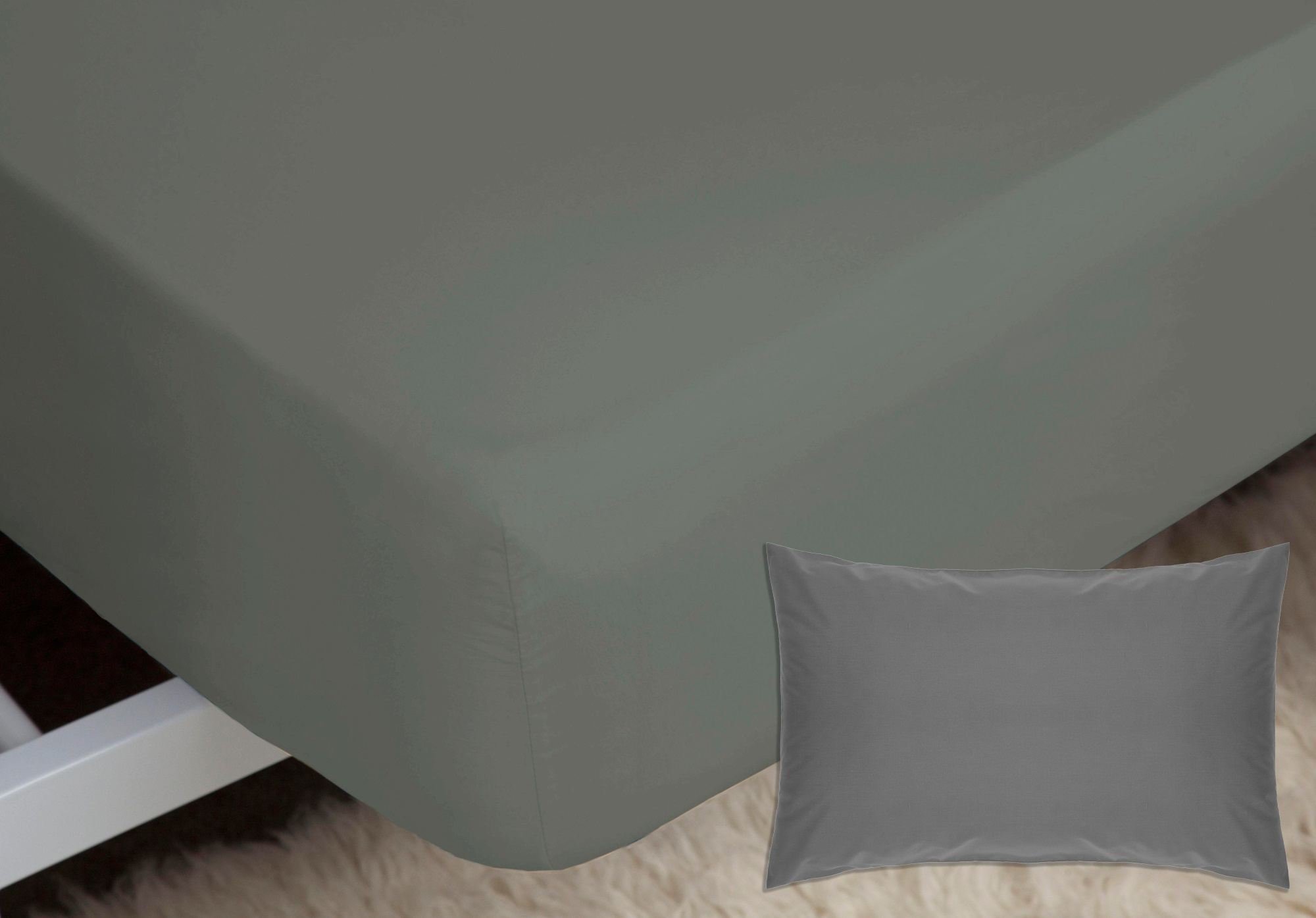 Belledorm Luxury Fitted Bed Sheet With Matching FREE 2 X PILLOW CASE Plain Dyed Poly Cotton Percale Easy Care Bed Sheet Genuine 50% cotton 50% polyester (Single, Grey) — image 1