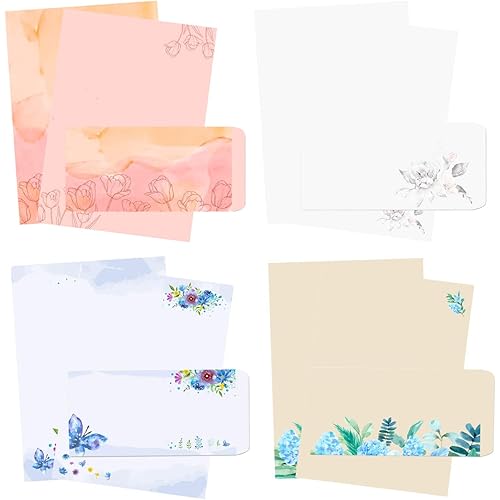 48Pcs Stationary Writing Paper with Envelopes - Japanese Stationery Set Double Sided Printing Floral Letter Writing Paper, 32 Stationary Papers + 16 Envelopes, 7.5 x 10.4 Inch of Each Stationary Paper