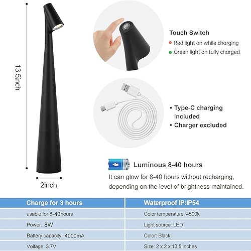 Miniatura 6 de Juego de 2 lámparas de mesa inalámbricas negras recargables a pilas táctiles, luces de escritorio impermeables para lectura, dormitorio, sala de