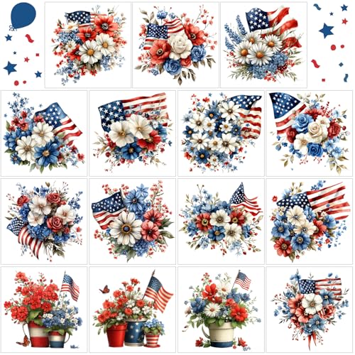 Harloon 15 Sheets 4th of July Patriotic Flower Rub on Transfer for Craft Furniture 250th Anniversary Wood Ornament Sticker Rub on Decals for Independence Day Scrapbook DIY Wood Fabric Journal Envelope