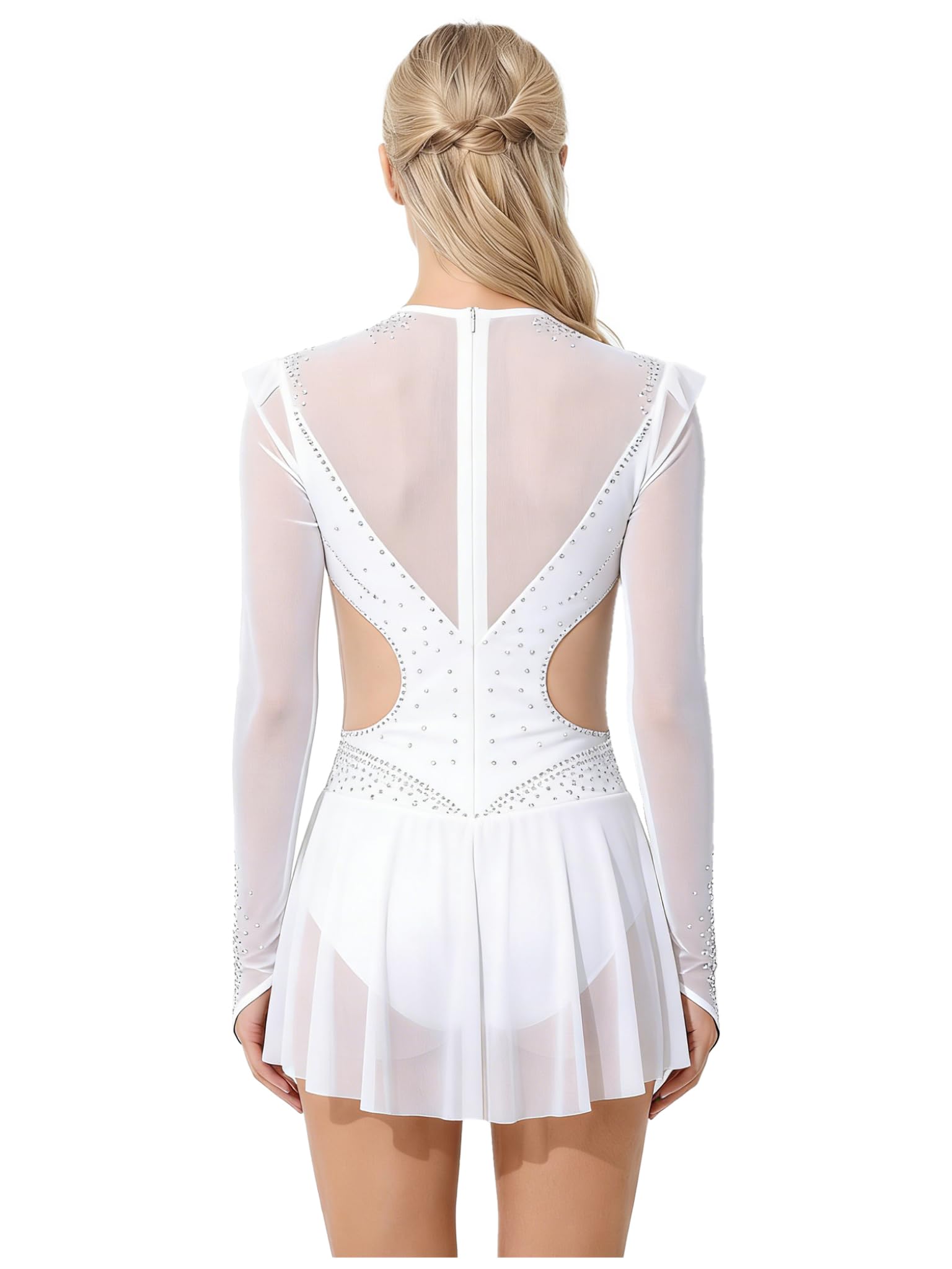 Runhomal Femme Strass Robe Patinage Artistique Adulte Manches Longues Justaucorps Gymnastique Ballet Robe de Danse Salsa Latine Rumba Costume de Danse Lyrique S-XXL