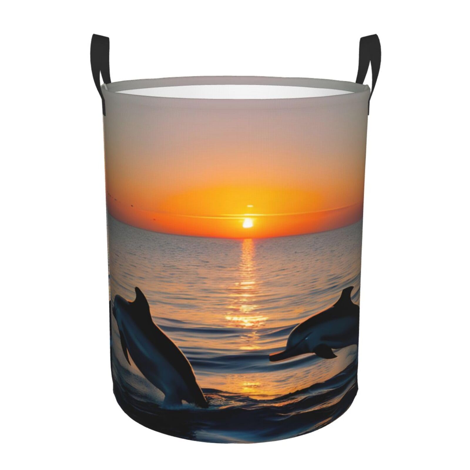 S Collapsible Round sunset dolphins Print Laundry Hamper