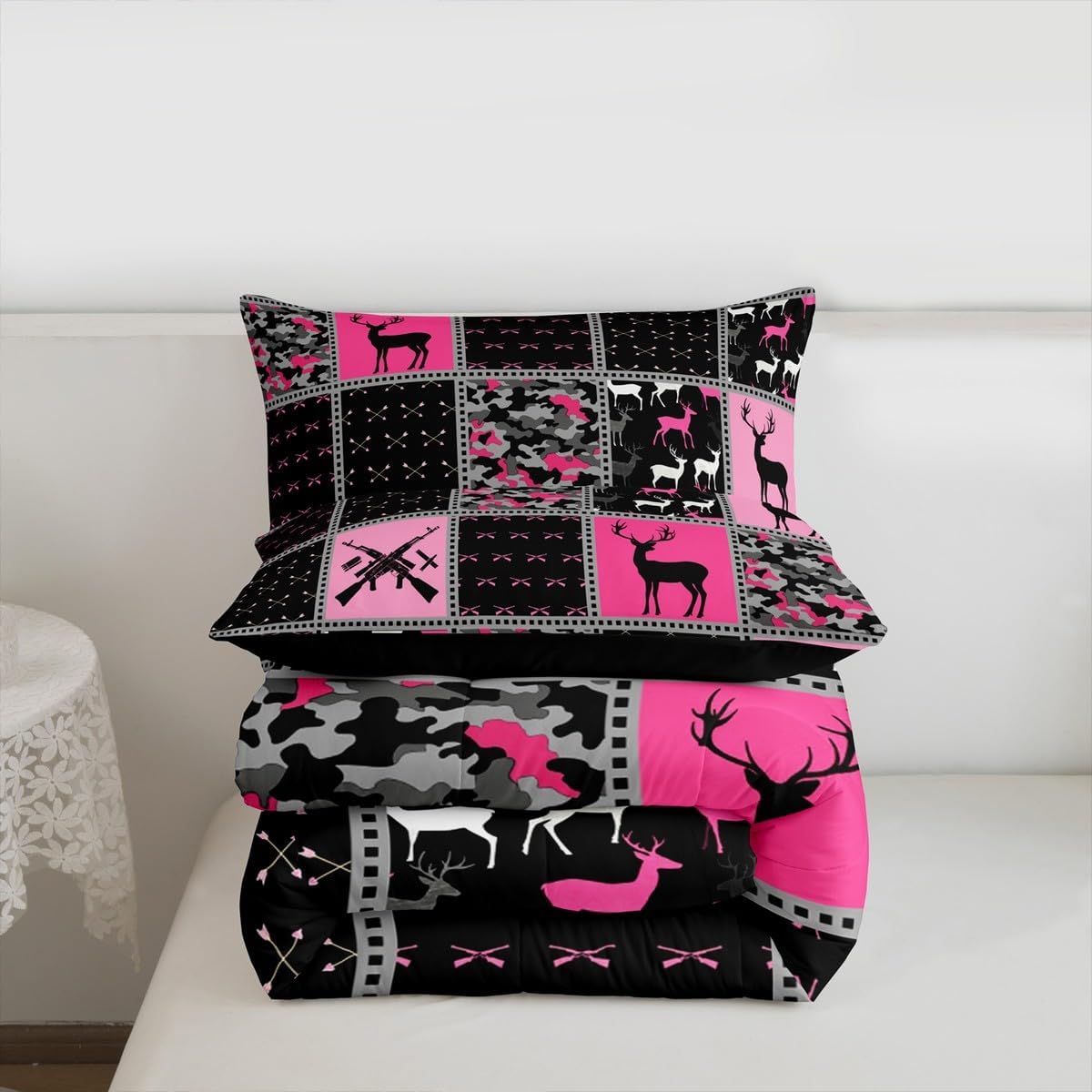 Feelyou Twin Size Cute Deer Bedding Set Boys Girls Deer Hunting Camo Comforter Set for Kids Women Men Ultra Soft Antlers Western Farmhouse Comforter Pink Black Duvet Set Room Decor Quilt Set - Image 3