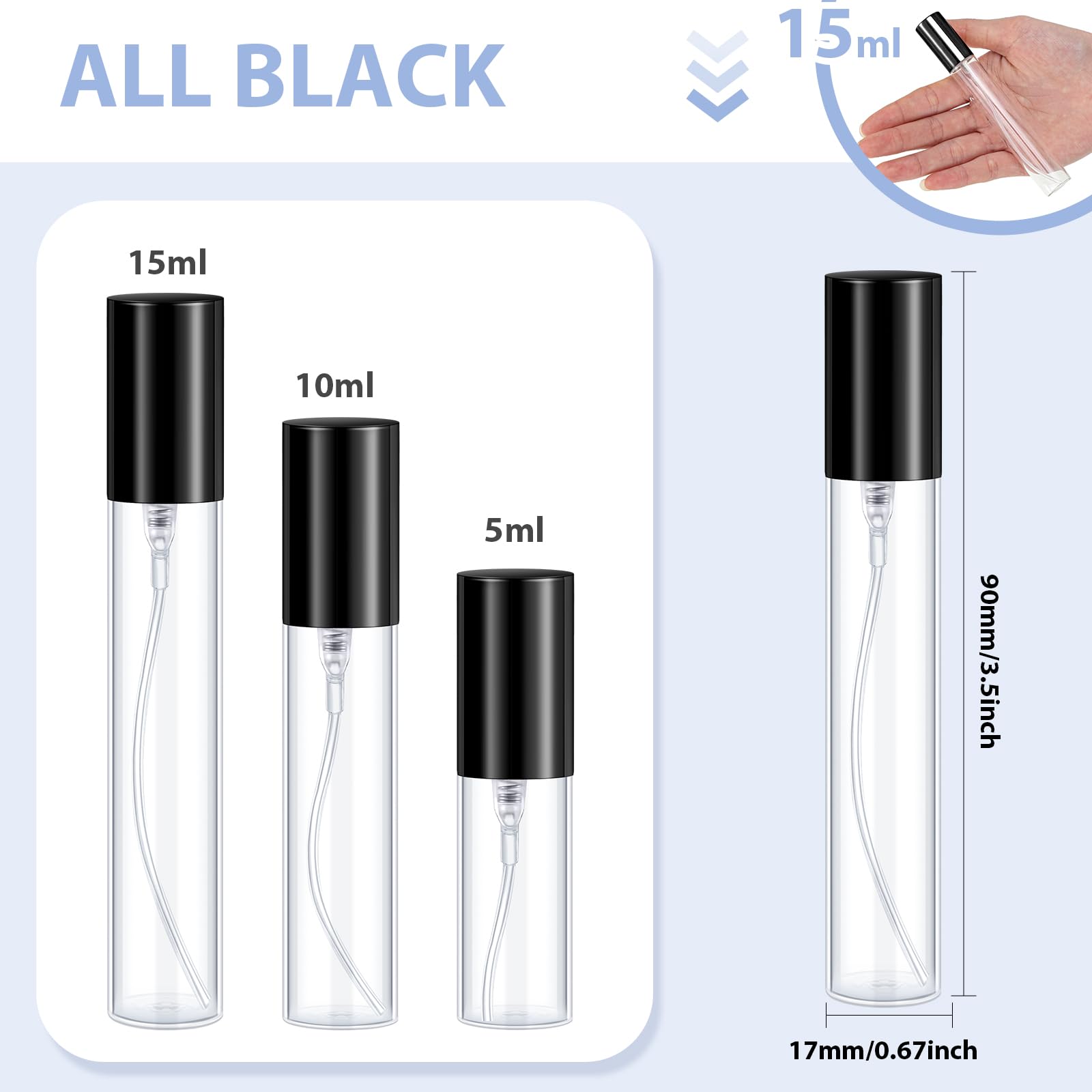 Yinder Parfümzerstäuber, nachfüllbar, leere Parfümflasche für Parfüm, Nebel, Glas, Sprühflaschen, transparent, tragbar, Duftflasche für Reisen, Schwarz, 15 ml, 25 Stück
