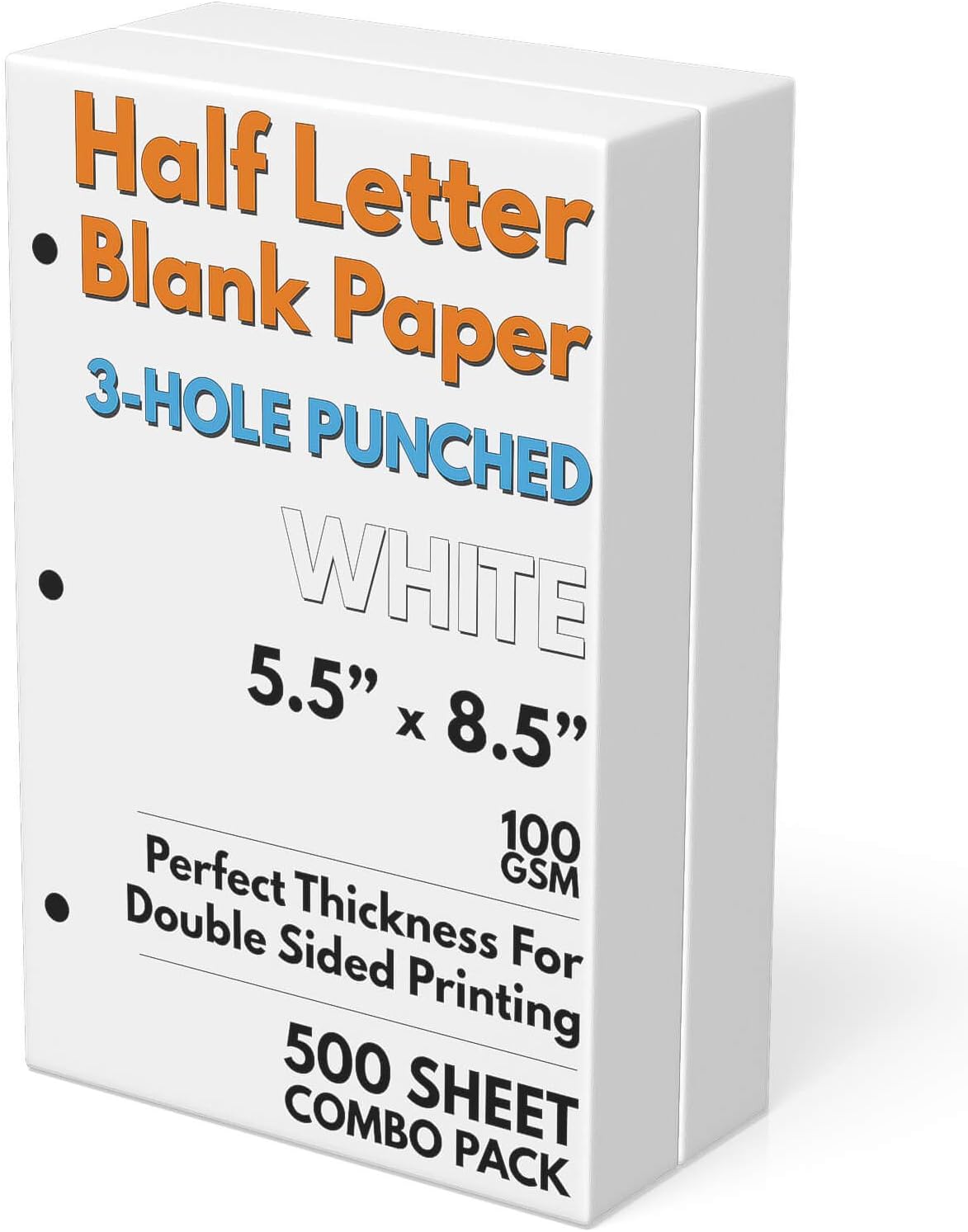 Half Letter Blank Paper, 3-Hole Punched, 500 Sheets/1,000 Pages, 100 GSM, Printer Paper Binder Refill, 5.5 in. x 8.5 in.