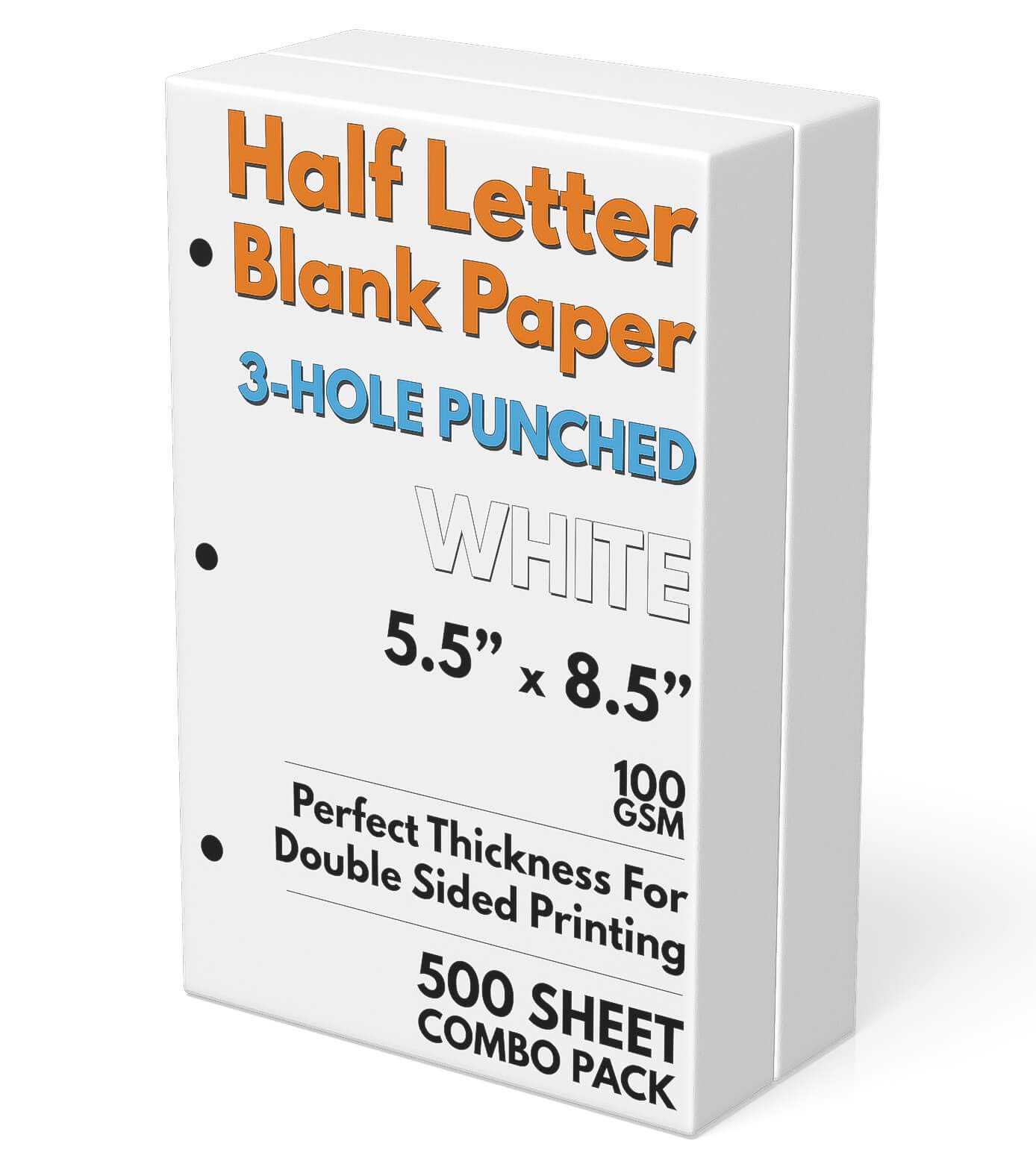 Half Letter Blank Paper, 3-Hole Punched, 500 Sheets/1,000 Pages, 100 GSM, Printer Paper Binder Refill, 5.5 in. x 8.5 in.