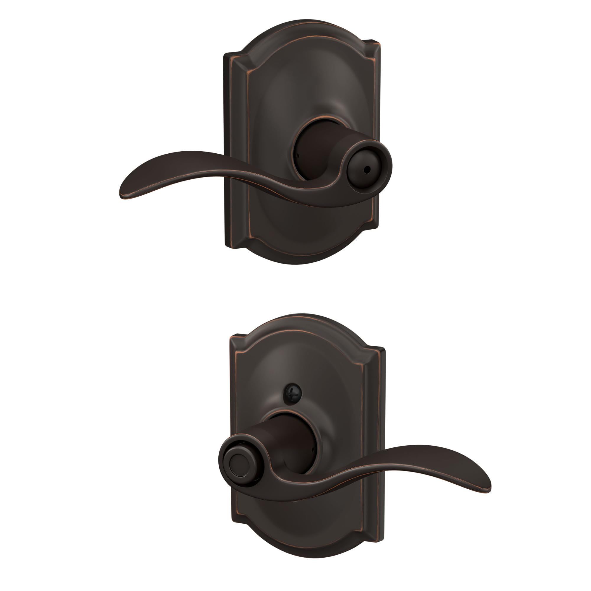 Schlage Accent Bed/Bath Privacy Door Handle with Lock, Aged Bronze | Interior bedroom or bathroom door lever with push button lock, Reversible, Easy install, Certified durability, Universal fit