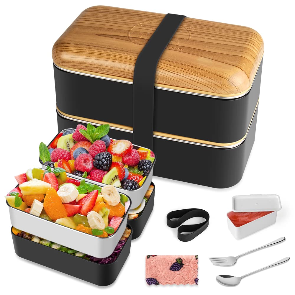 HOLIPOT Bento Box Japanese Lunchbox 2 Tier Lunch Box with 4 Pcs Eco-Friendly PP & Stainless Steel Containers, Fork Spoon Compartments for Women Men Adults and Kids Meal Prep, Snack Packing ( BPA Free)