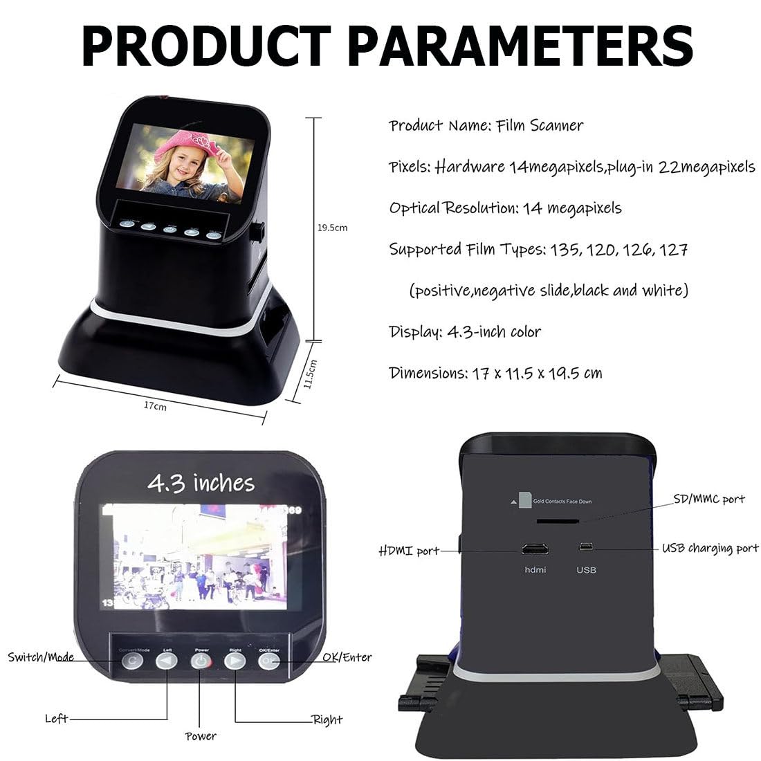 Scanner per Diapositive E Negativi,Scanner Film Ad Alta Risoluzione 120,Scanner Fotografico per Diapositive Negativi da 22 Megapixel,con Schermo LCD 4,3"